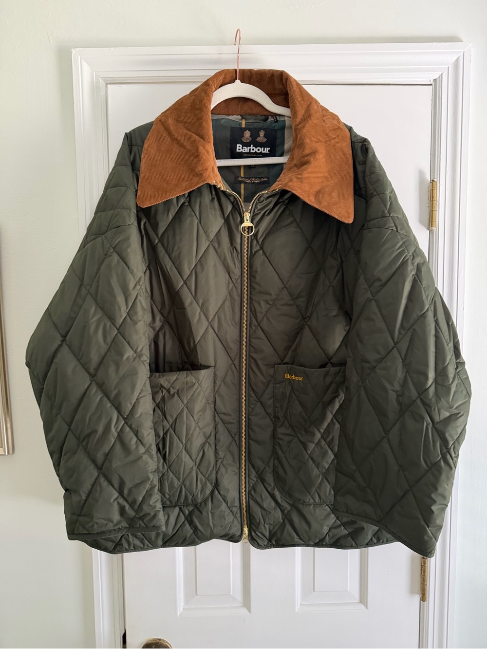 Barbour Woodhall Jacket - Olive Quilted with Brown Cord Collar